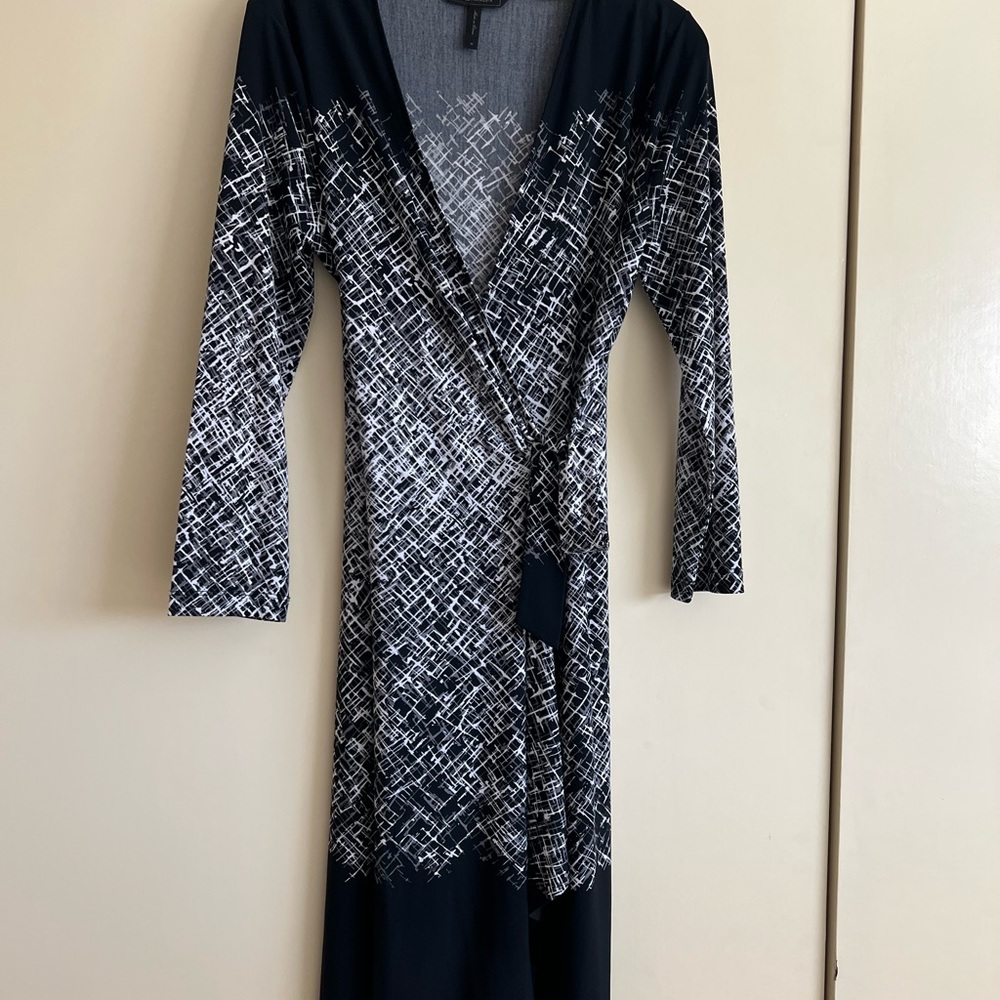 BCBGMaxAzria Black and White Long Sleeve Wrap Dress
